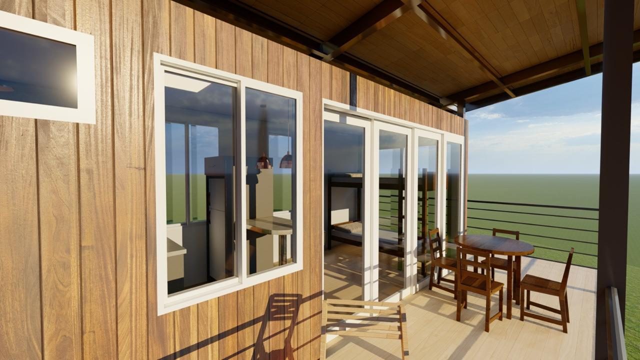 Rendu de cabane en bois, terrasse et espace de vie