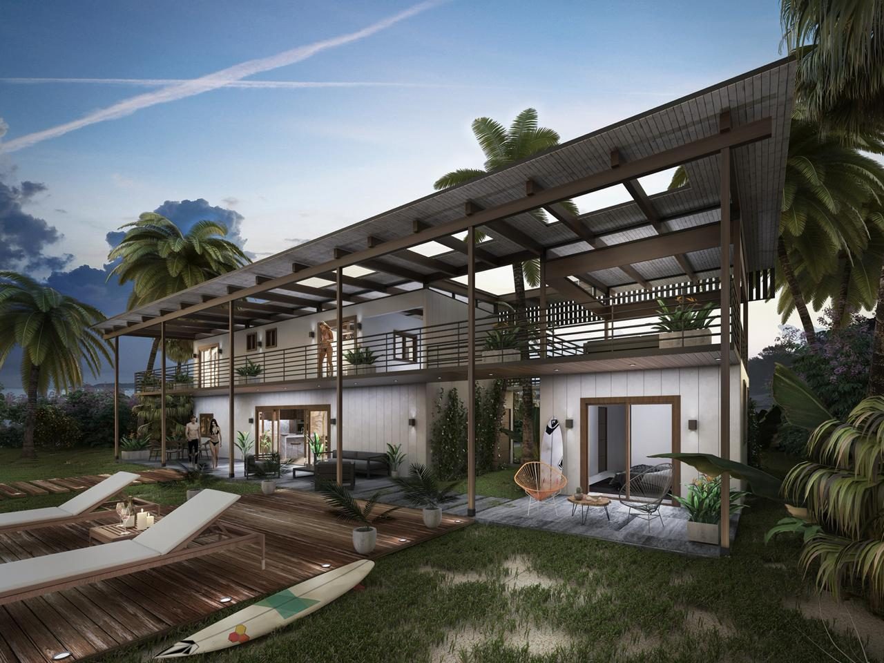 Rendu de maison face à la mer avec terrasse en bois