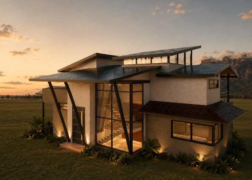 Rendu de villa contemporaine, vue latérale au crépuscule